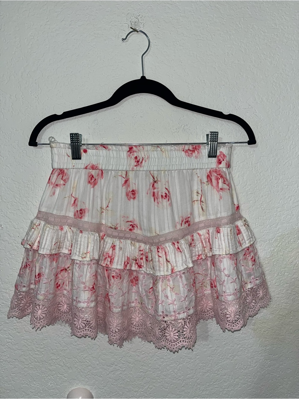 LoveShackFancy Tanisha Pink Lace Eyelet Mini Tiered Ruffle Floral Skirt